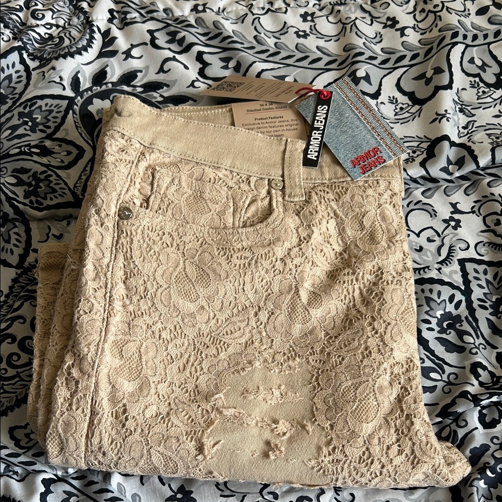 Men Beige Lace Detail Jeans